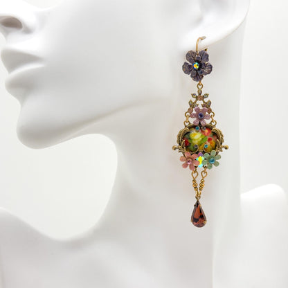 French Vintage Ethnic 3D Flower Dangle Earrings Gold-Plated