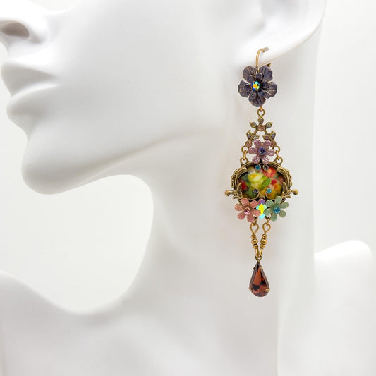 French Vintage Ethnic 3D Flower Dangle Earrings Gold-Plated