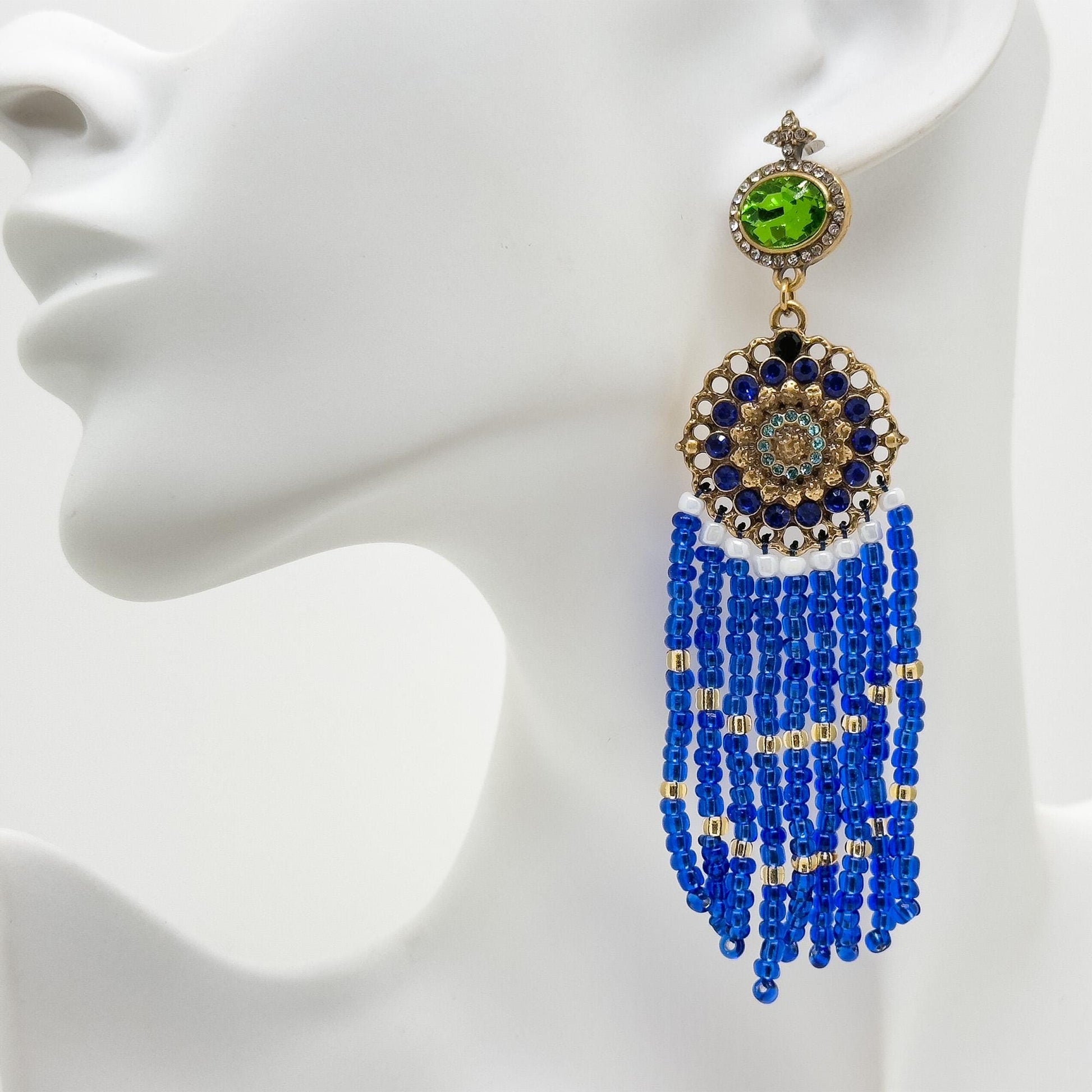 Boho Ethnic Vintage Beaded Tassel Dangle Earrings Klein Blue