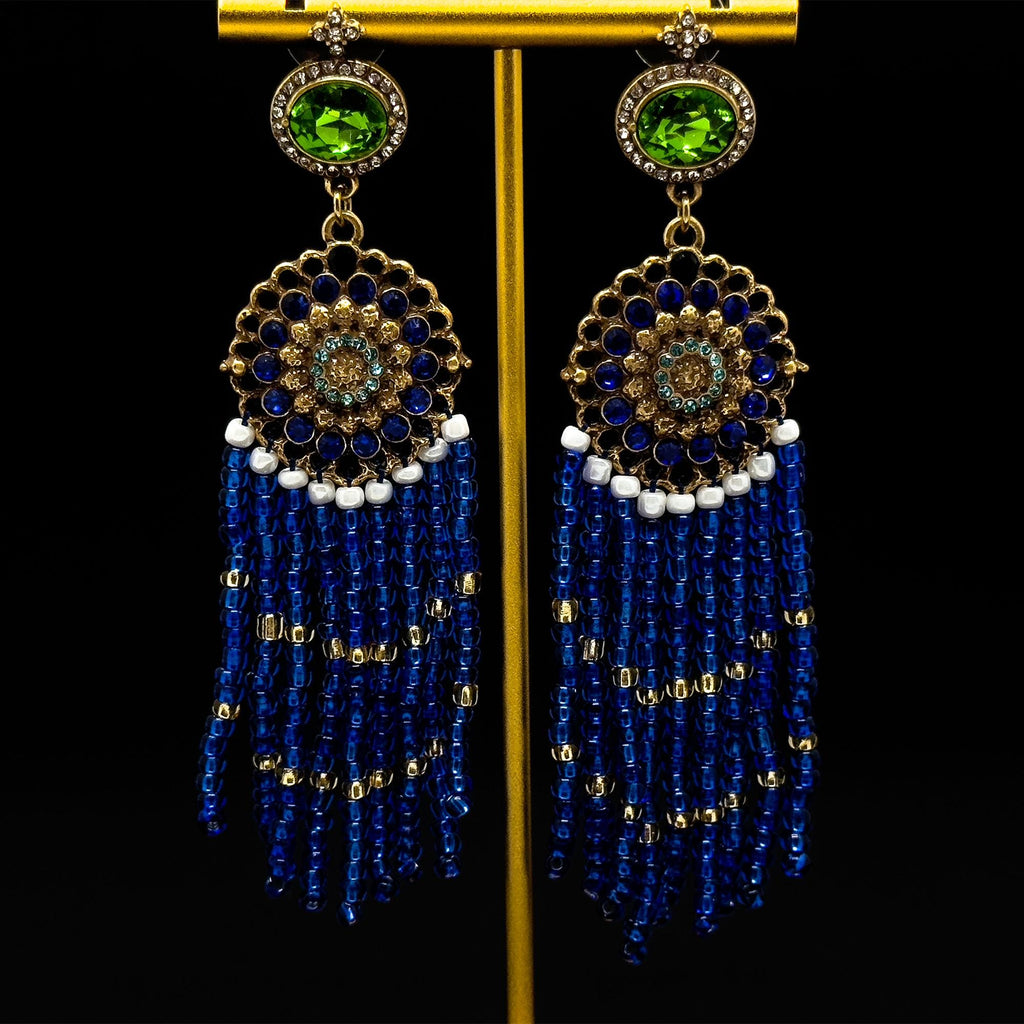 Boho Ethnic Vintage Beaded Tassel Dangle Earrings Klein Blue