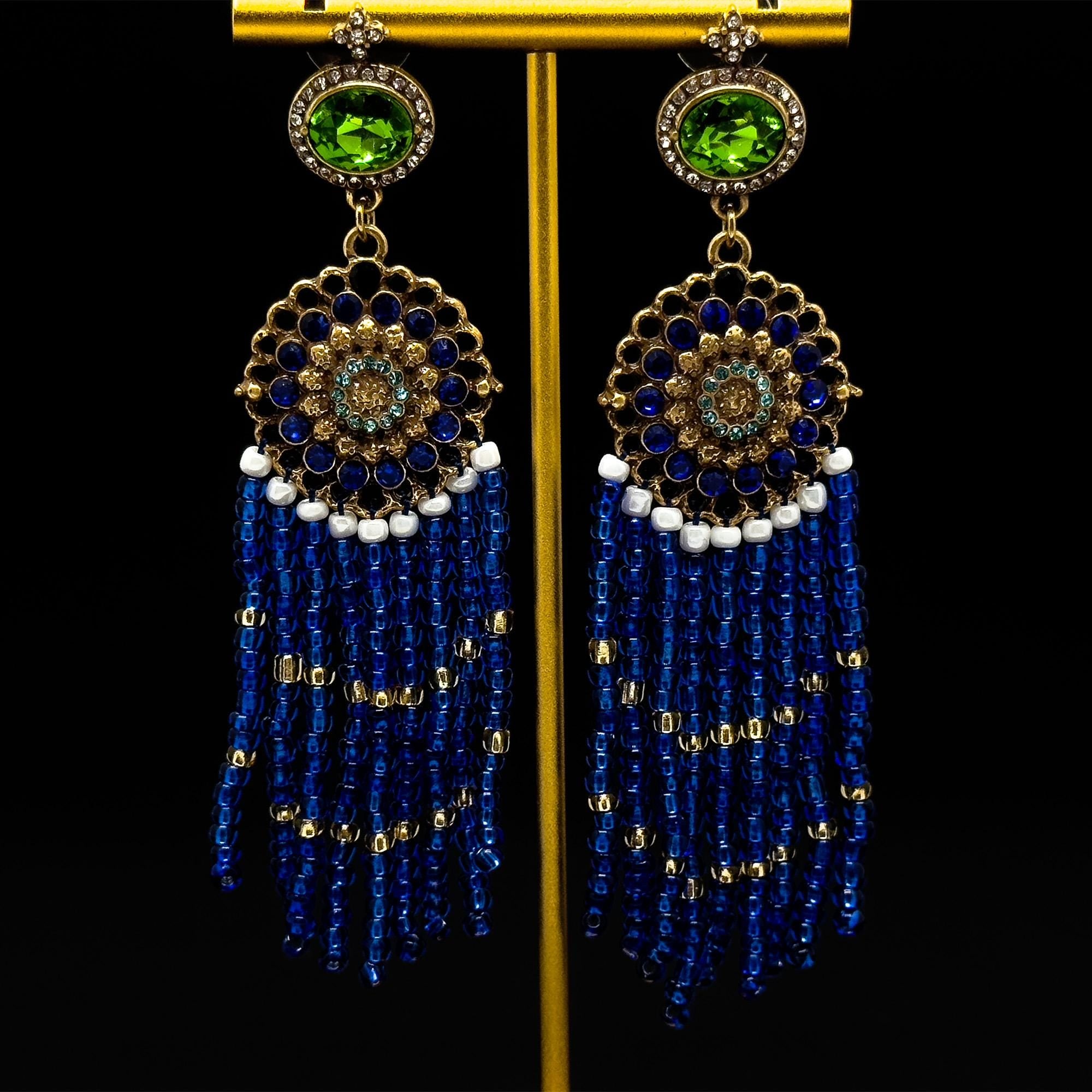 Boho Ethnic Vintage Beaded Tassel Dangle Earrings Klein Blue