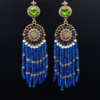Boho Ethnic Vintage Beaded Tassel Dangle Earrings Klein Blue
