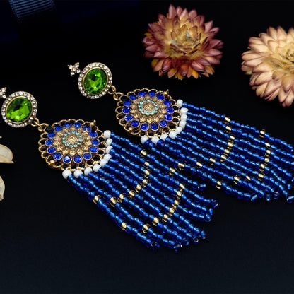 Boho Ethnic Vintage Beaded Tassel Dangle Earrings Klein Blue
