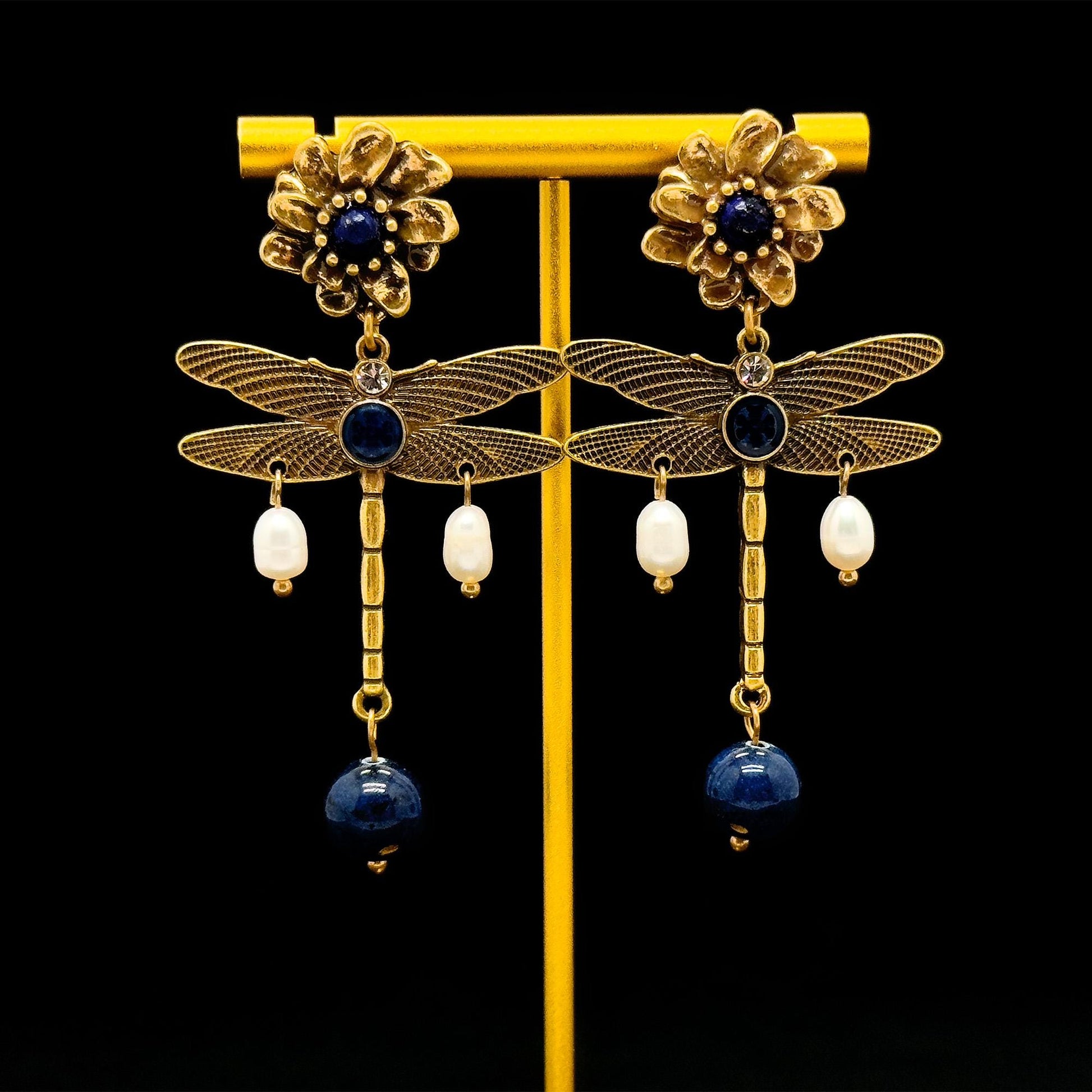 Vintage Ethnic 3D Dragonfly Flower Drop Earrings with Pearls