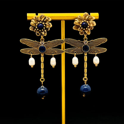 Vintage Ethnic 3D Dragonfly Flower Drop Earrings with Pearls