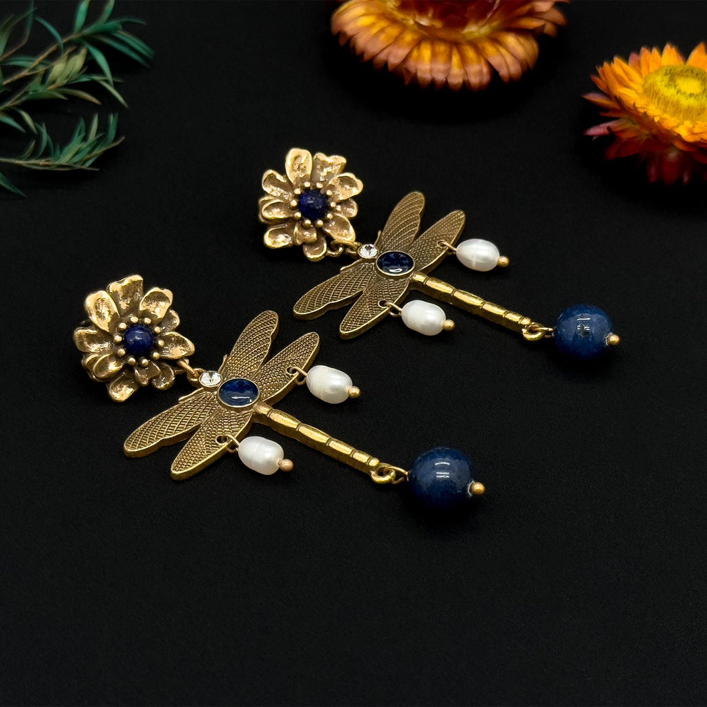 Vintage Ethnic 3D Dragonfly Flower Drop Earrings with Pearls