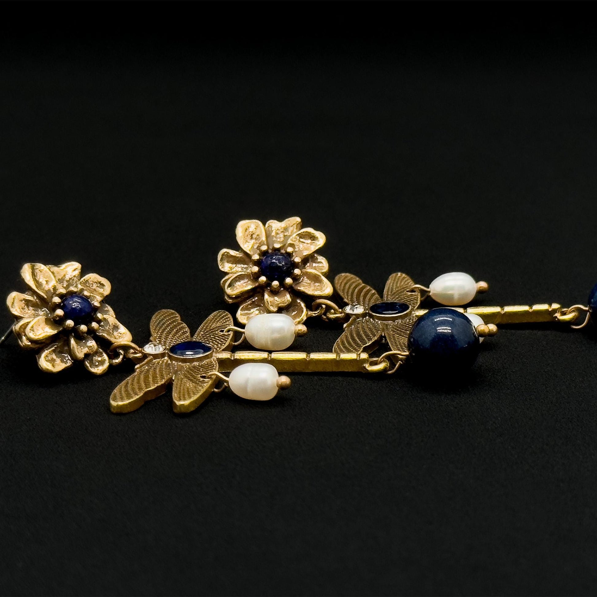 Vintage Ethnic 3D Dragonfly Flower Drop Earrings with Pearls