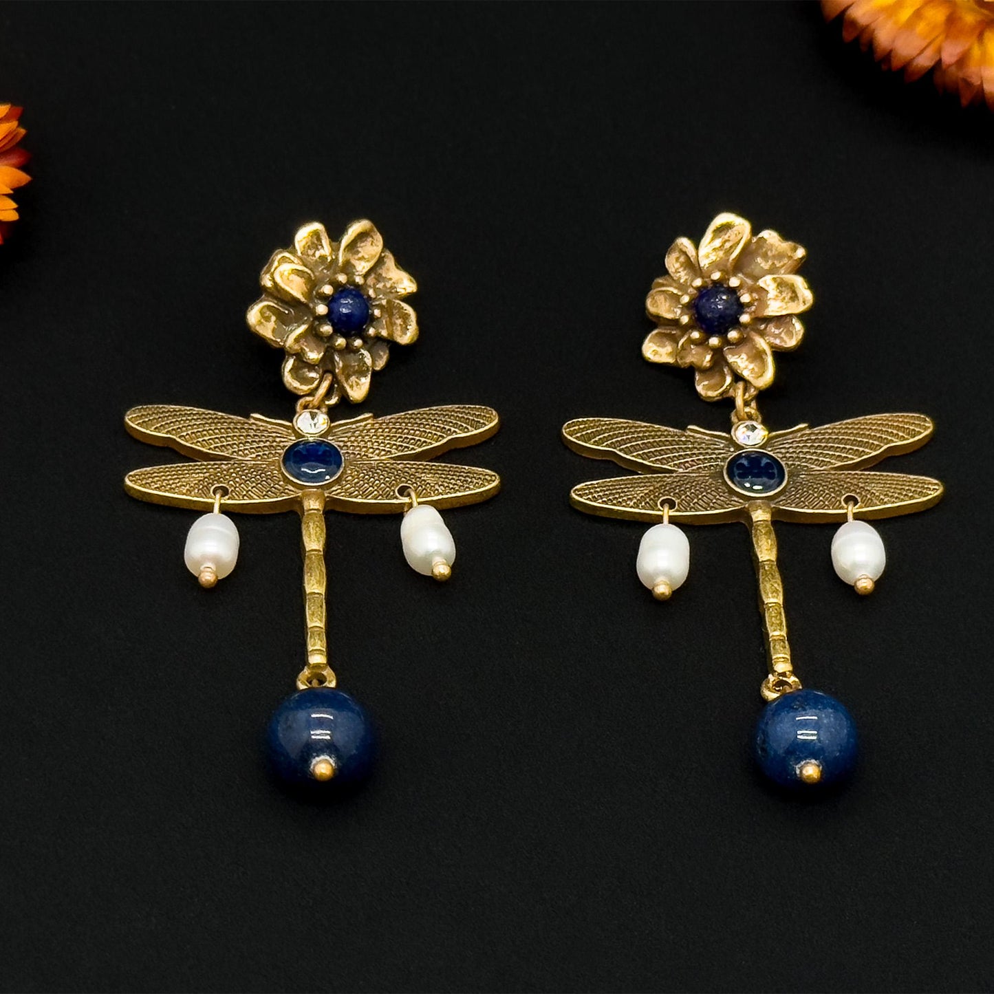 Vintage Ethnic 3D Dragonfly Flower Drop Earrings with Pearls