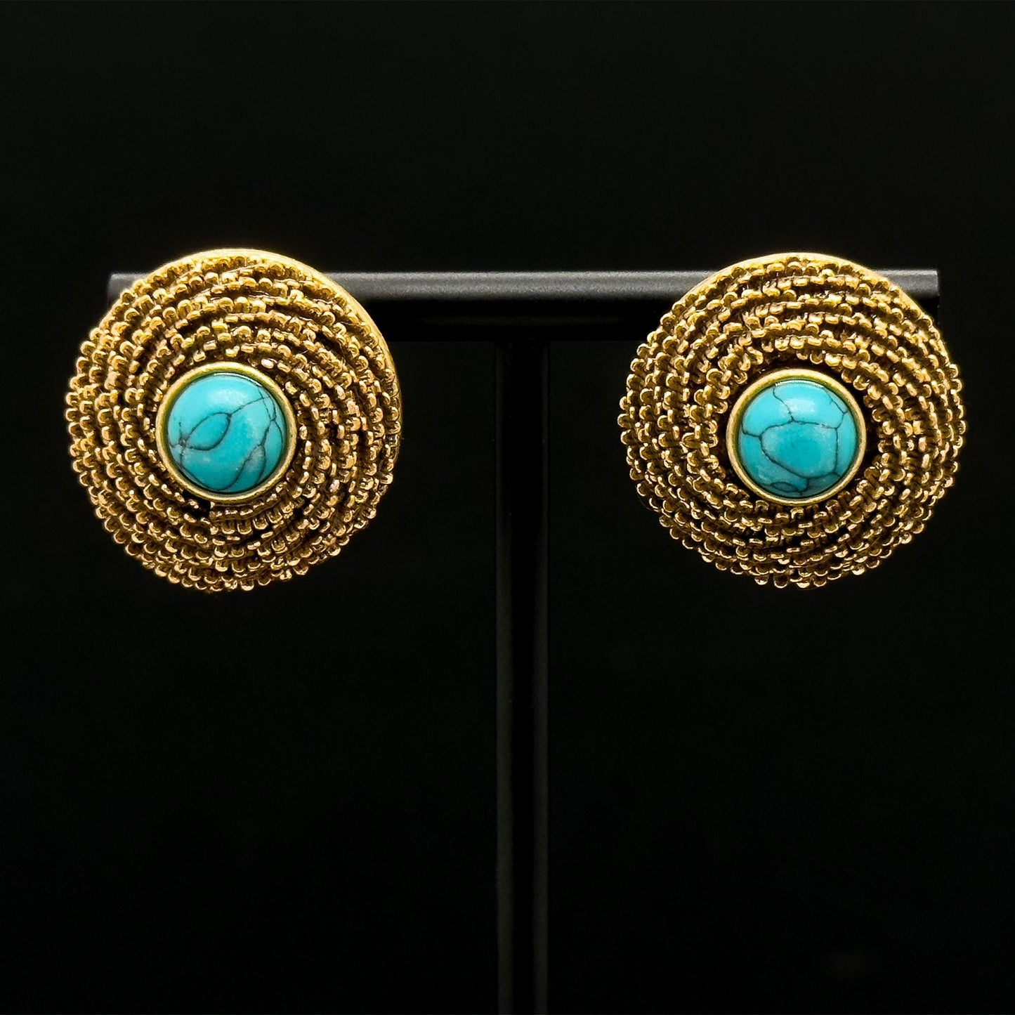 Vintage Ethnic Turquoise Dangle Earrings 24K Gold-Plated 925 Silver Hooks