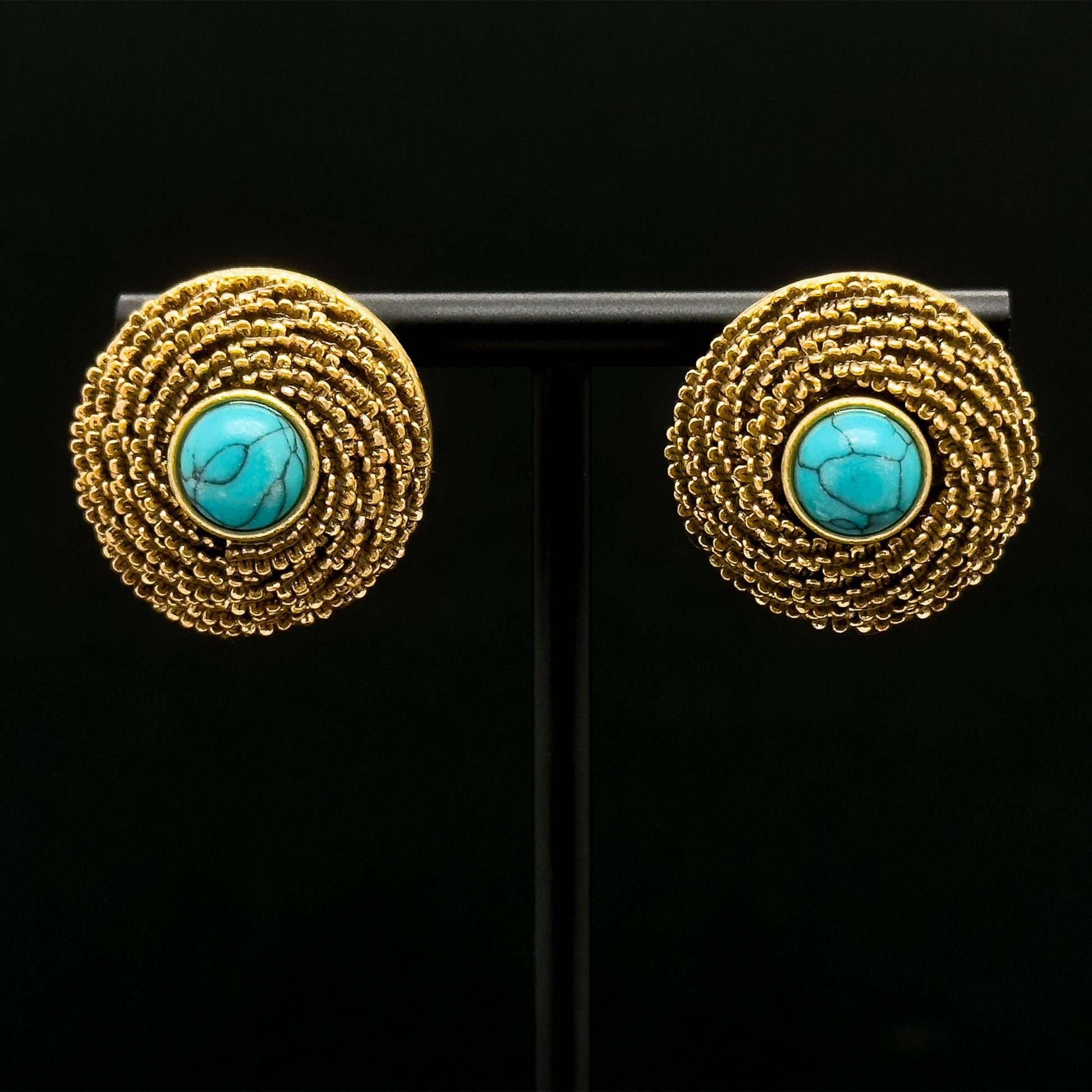 Vintage Ethnic Turquoise Dangle Earrings 24K Gold-Plated 925 Silver Hooks