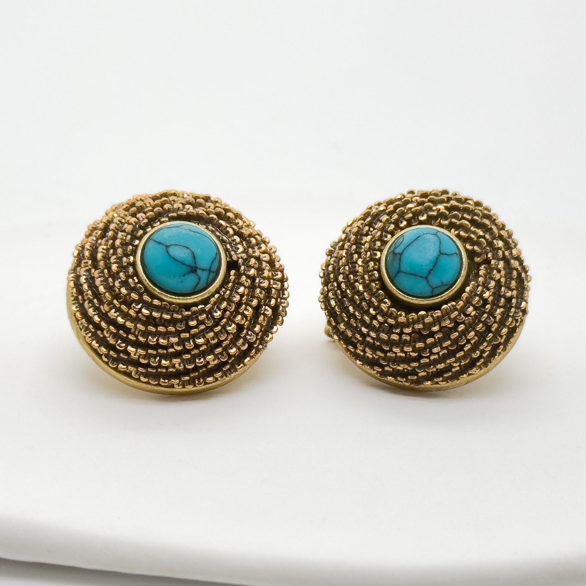 Vintage Ethnic Turquoise Dangle Earrings 24K Gold-Plated 925 Silver Hooks