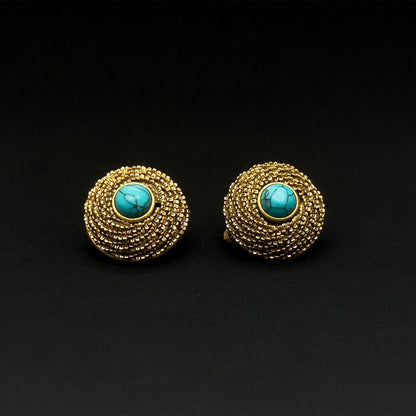 Vintage Ethnic Turquoise Dangle Earrings 24K Gold-Plated 925 Silver Hooks