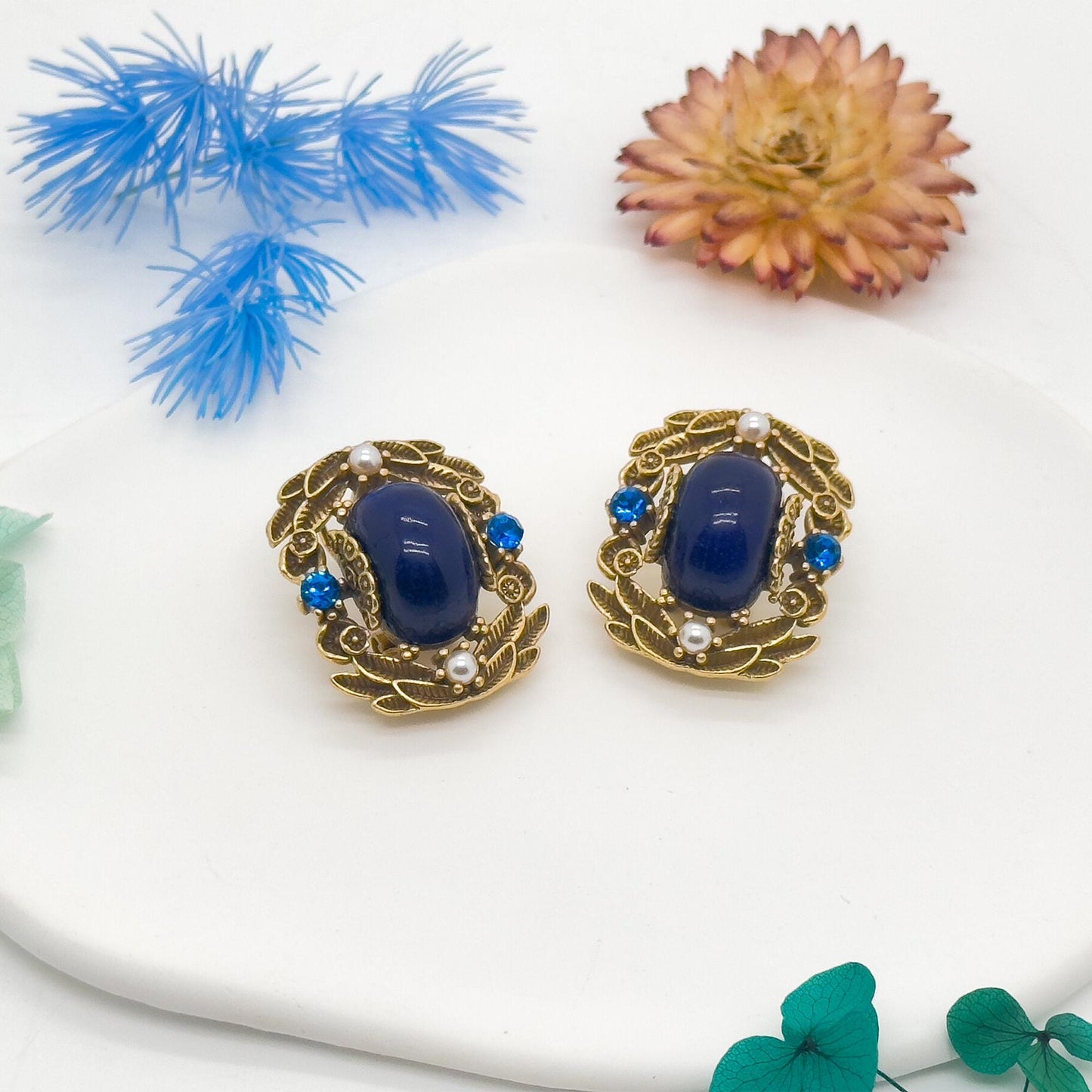 Vintage Ethnic Blue Labradorite Stud Earrings with Pearl Crystals