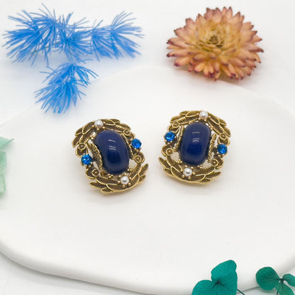 Vintage Ethnic Blue Labradorite Stud Earrings with Pearl Crystals