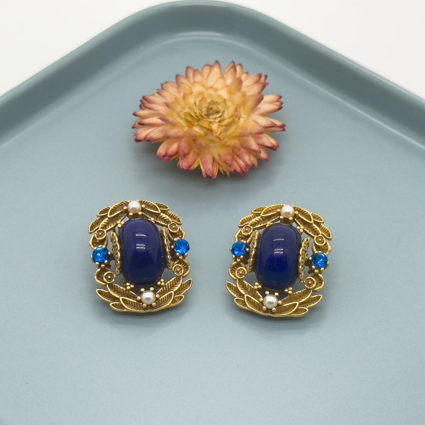 Vintage Ethnic Blue Labradorite Stud Earrings with Pearl Crystals