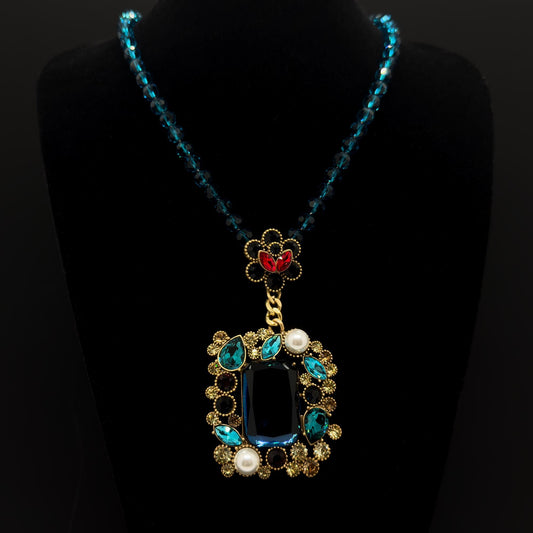 Vintage Ethnic Lapis Lazuli Pendant Necklace with Pearl Accents