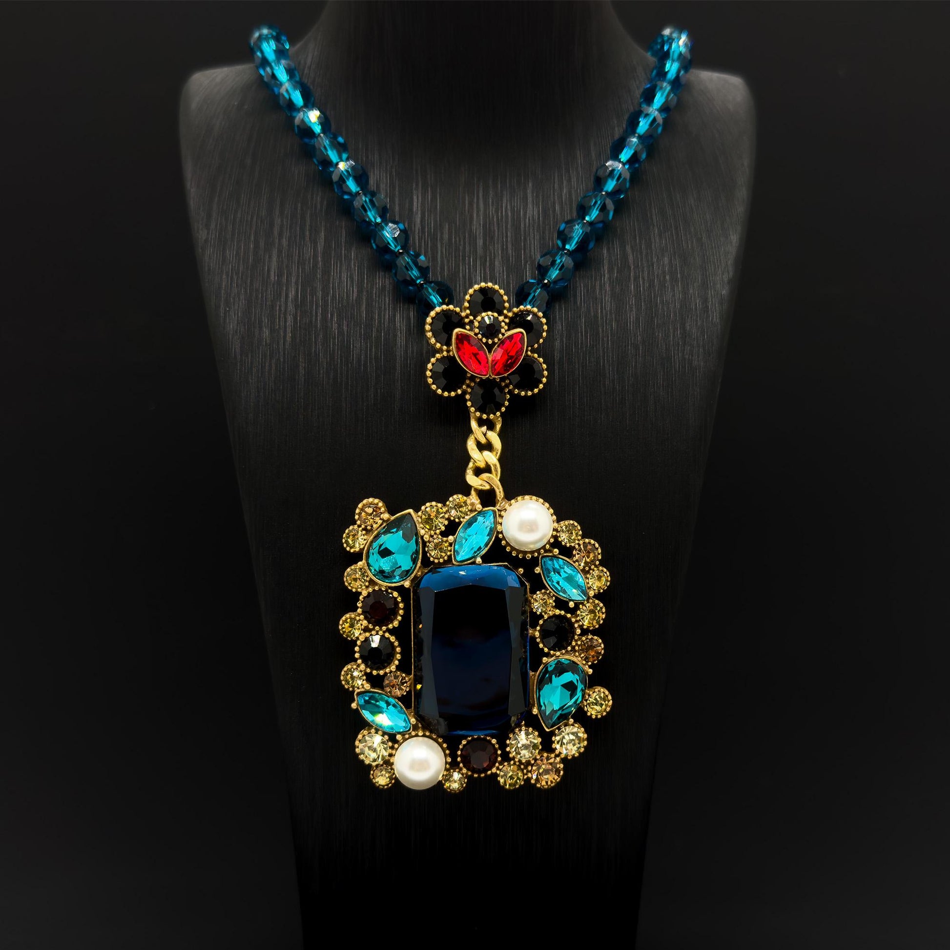 Vintage Ethnic Lapis Lazuli Pendant Necklace with Pearl Accents