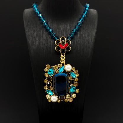 Vintage Ethnic Lapis Lazuli Pendant Necklace with Pearl Accents