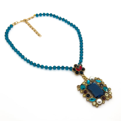 Vintage Ethnic Lapis Lazuli Pendant Necklace with Pearl Accents