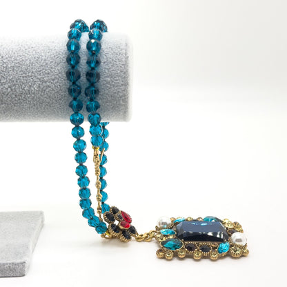 Vintage Ethnic Lapis Lazuli Pendant Necklace with Pearl Accents