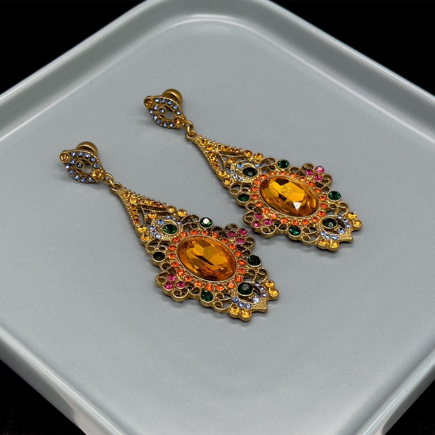Vintage Ethnic Zircon Crystal Drop Earrings 18K Gold-Plated Handcrafted
