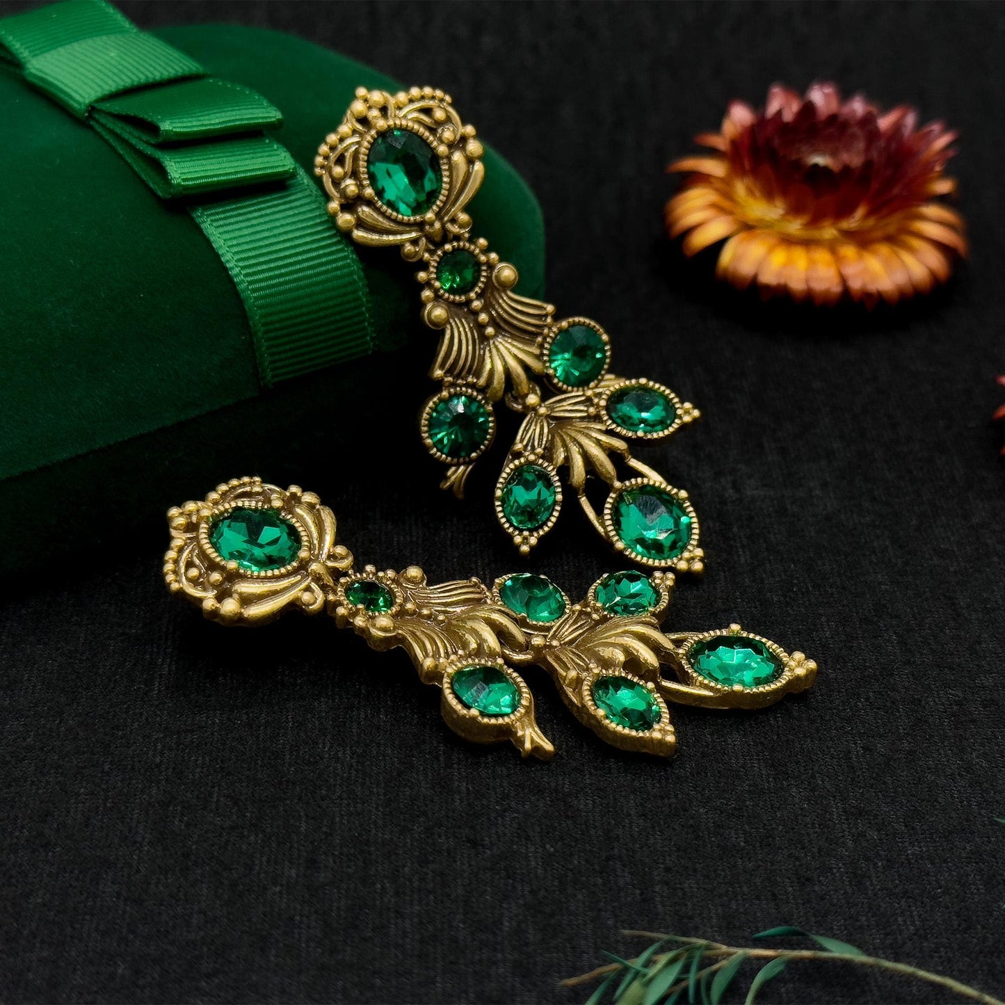 Vintage Ethnic Green Crystal Leaf Drop Earrings, 18K Gold-Plated
