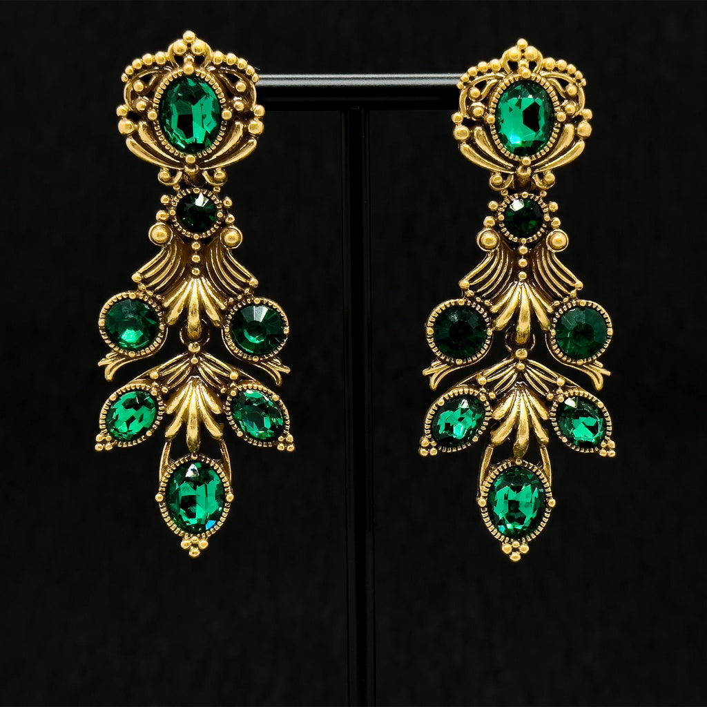 Vintage Ethnic Green Crystal Leaf Drop Earrings, 18K Gold-Plated