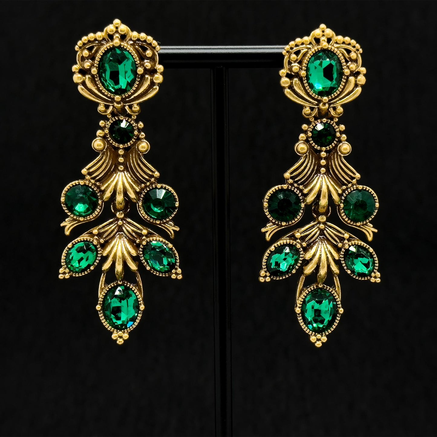 Vintage Ethnic Green Crystal Leaf Drop Earrings, 18K Gold-Plated