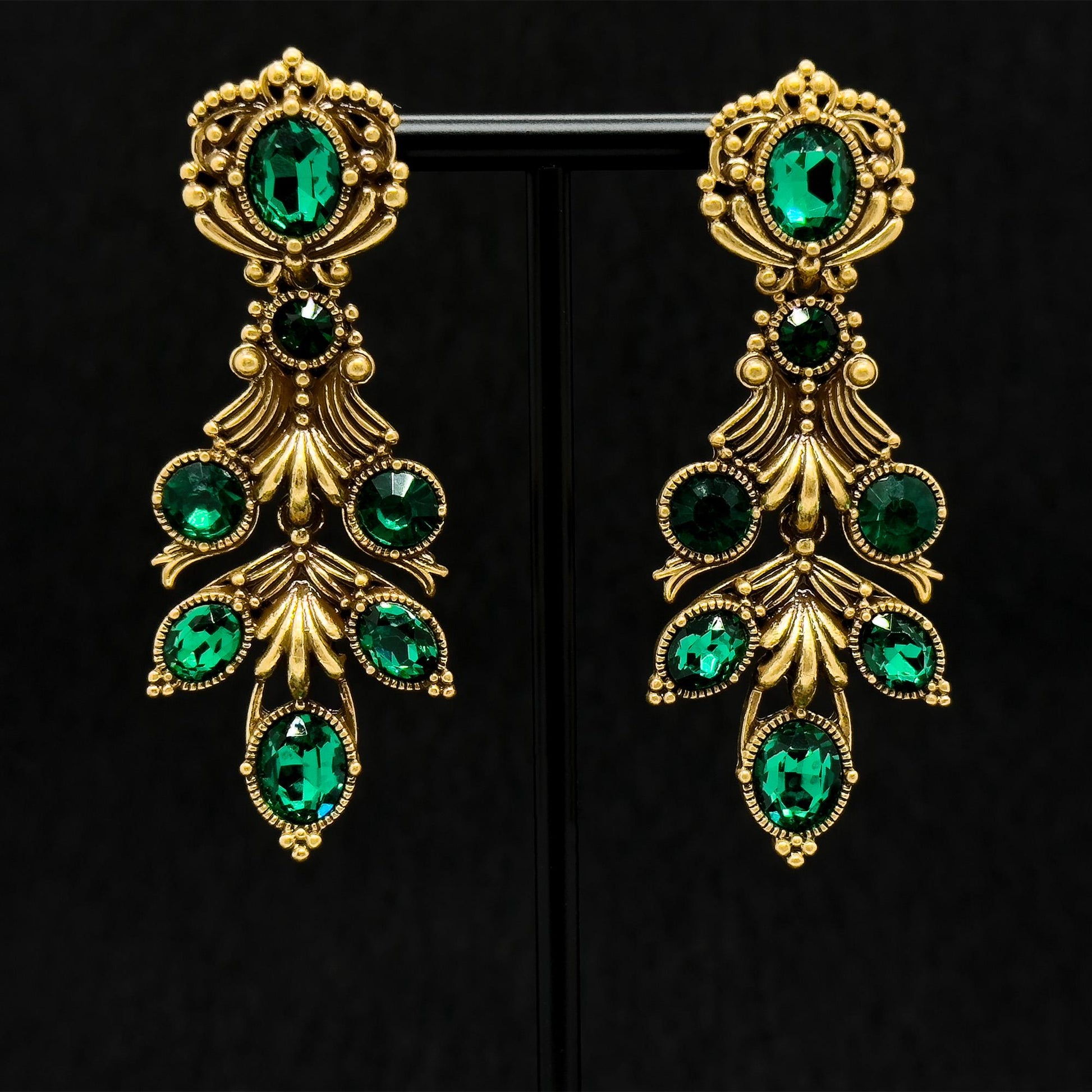 Vintage Ethnic Green Crystal Leaf Drop Earrings, 18K Gold-Plated