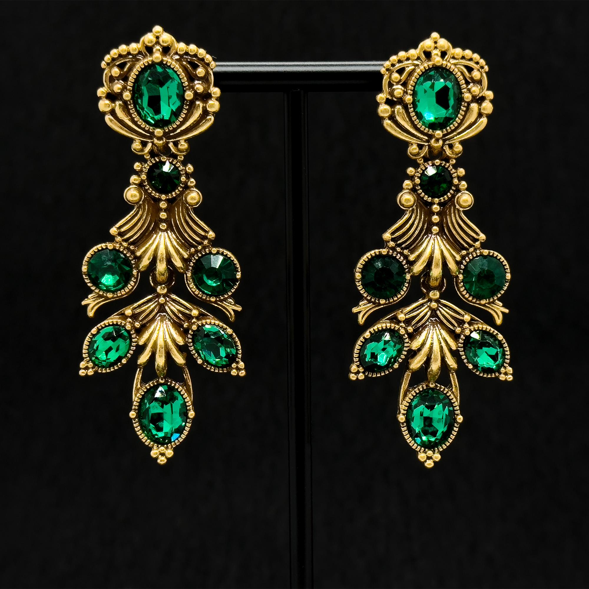 Vintage Ethnic Green Crystal Leaf Drop Earrings, 18K Gold-Plated