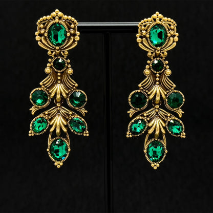 Vintage Ethnic Green Crystal Leaf Drop Earrings, 18K Gold-Plated