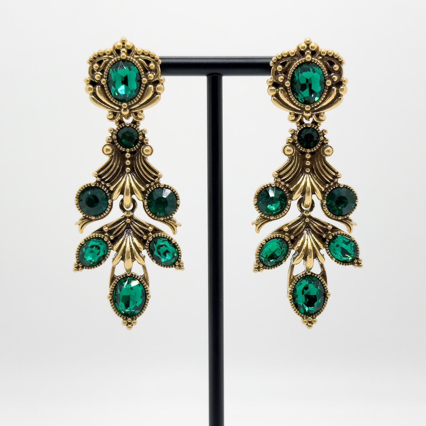Vintage Ethnic Green Crystal Leaf Drop Earrings, 18K Gold-Plated