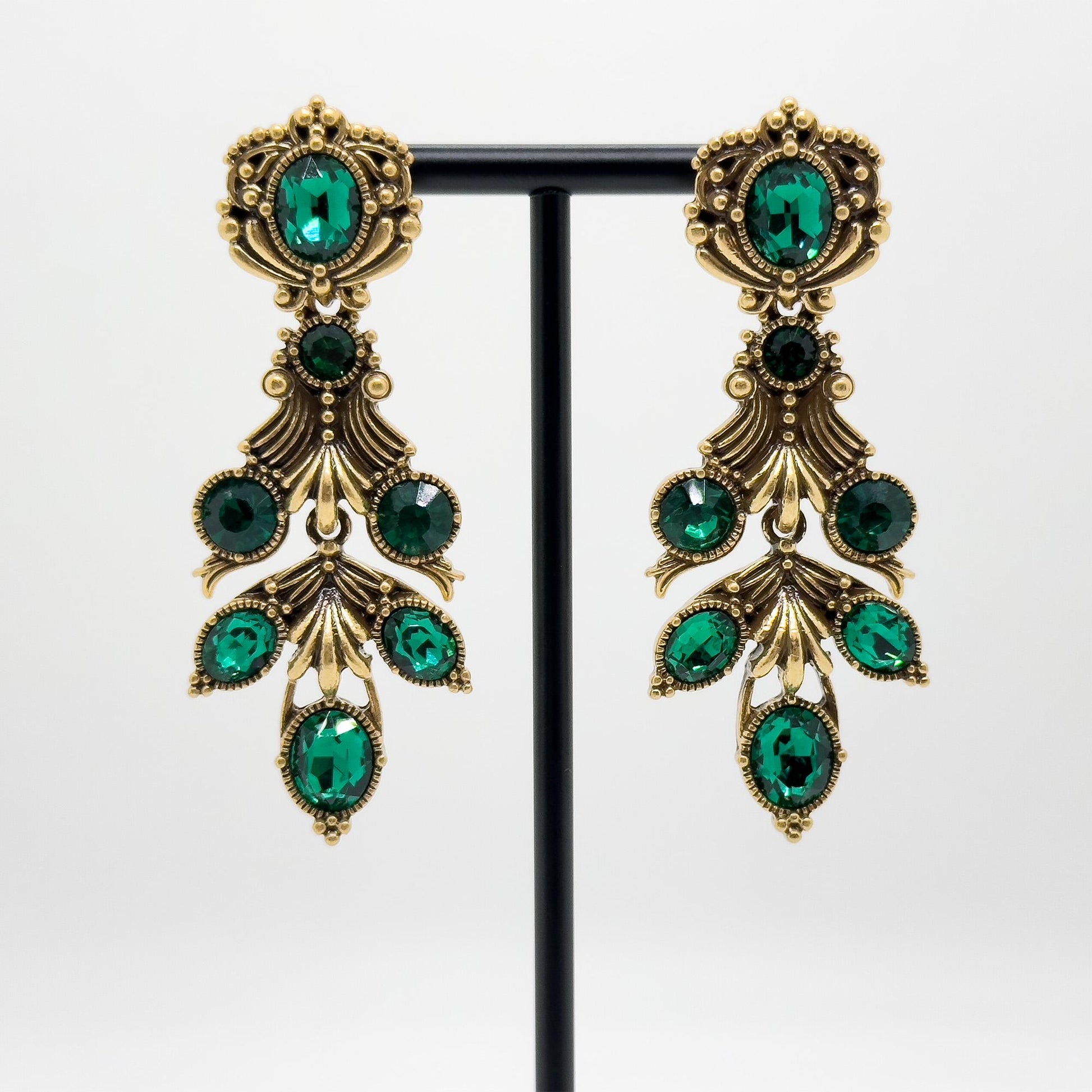 Vintage Ethnic Green Crystal Leaf Drop Earrings, 18K Gold-Plated