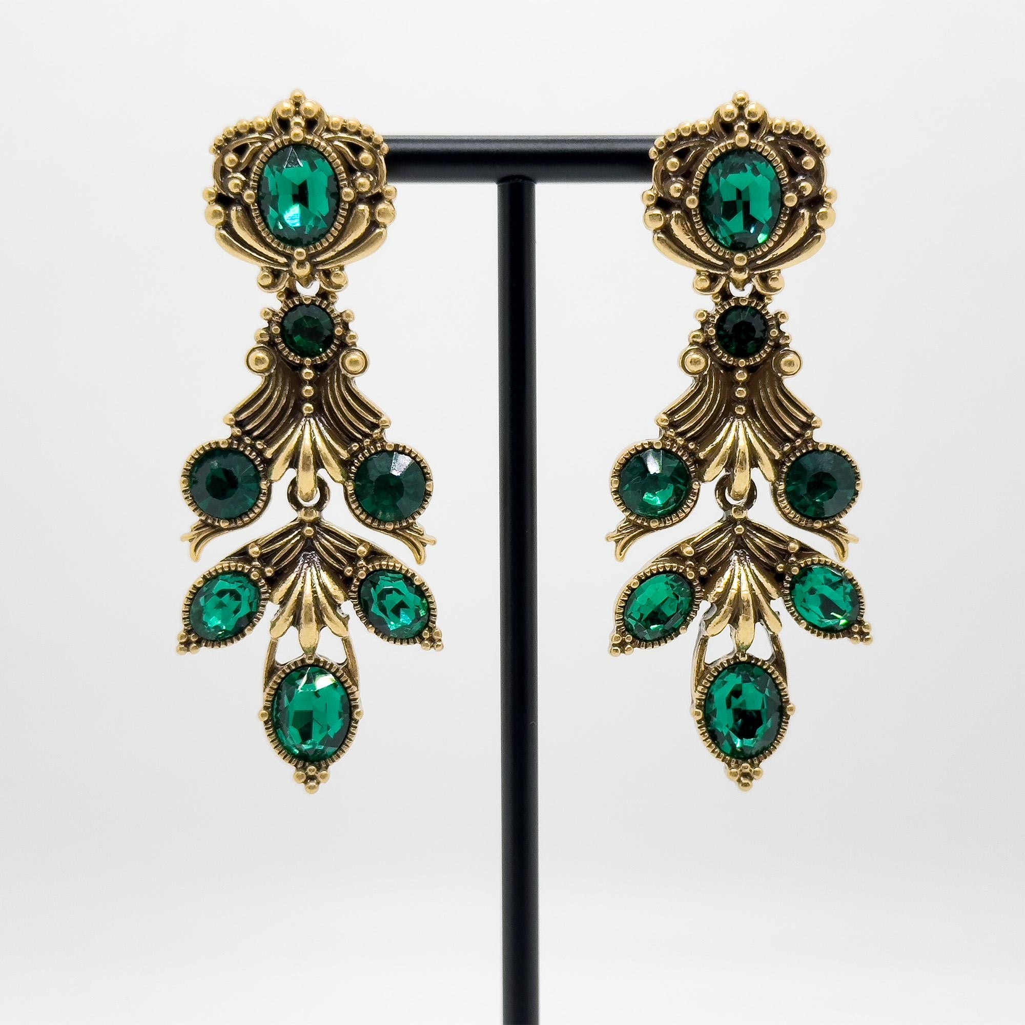 Vintage Ethnic Green Crystal Leaf Drop Earrings, 18K Gold-Plated