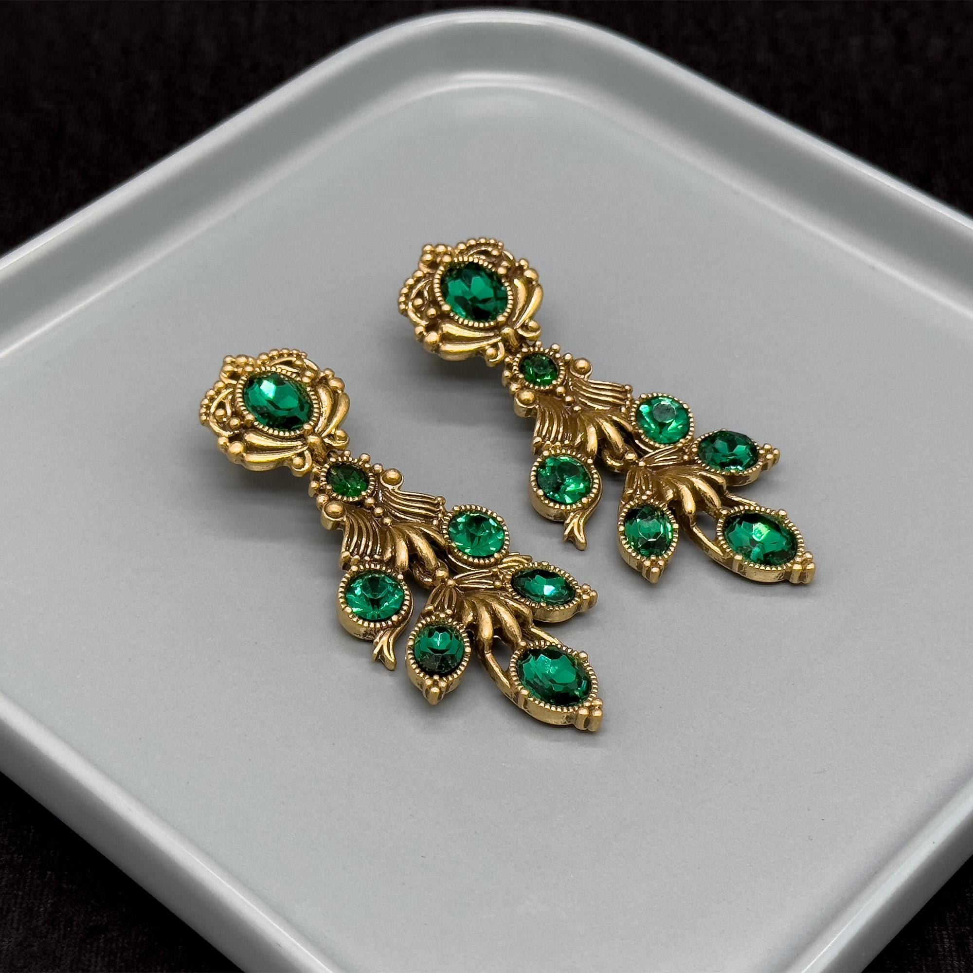 Vintage Ethnic Green Crystal Leaf Drop Earrings, 18K Gold-Plated