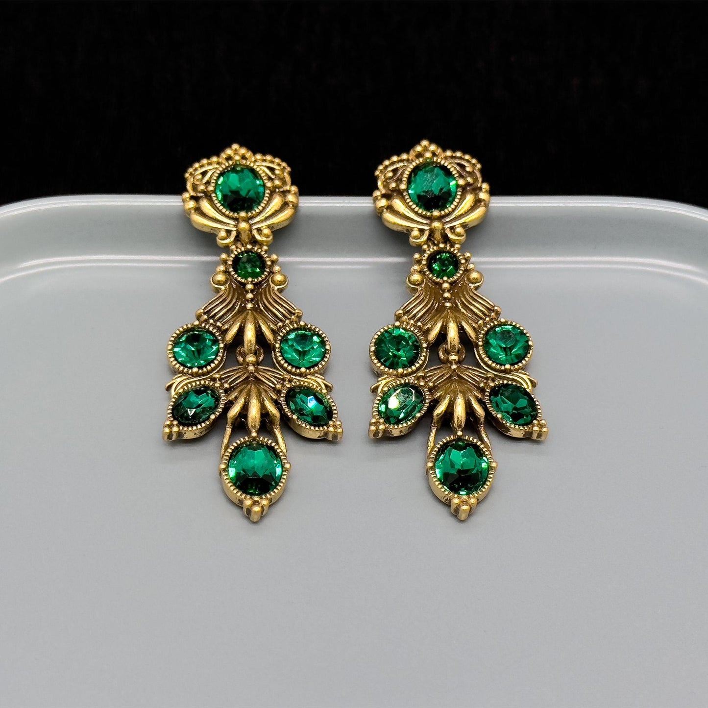 Vintage Ethnic Green Crystal Leaf Drop Earrings, 18K Gold-Plated