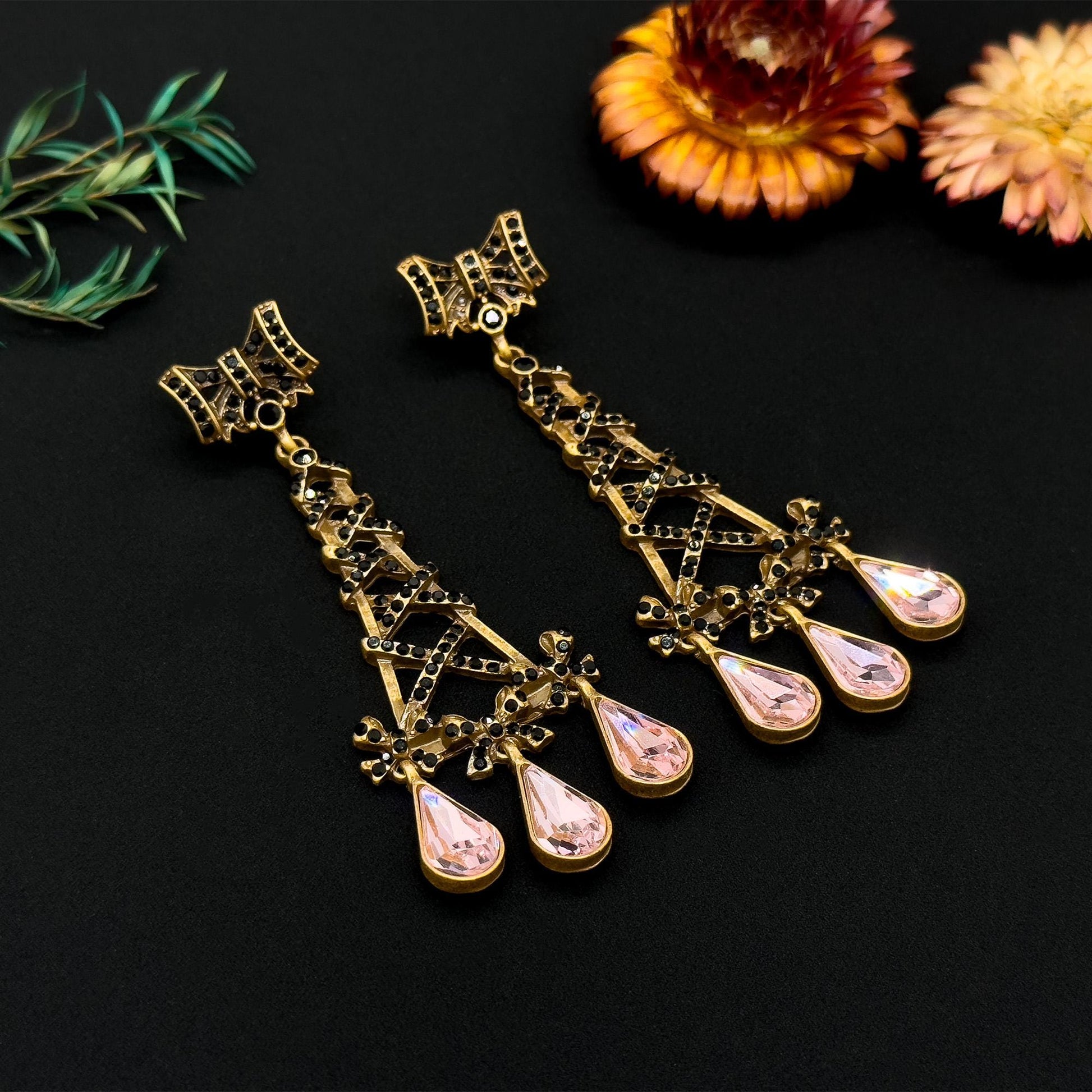 Vintage Ethnic Eiffel Tower Crystal Drop Earrings, 18K Gold-Plated