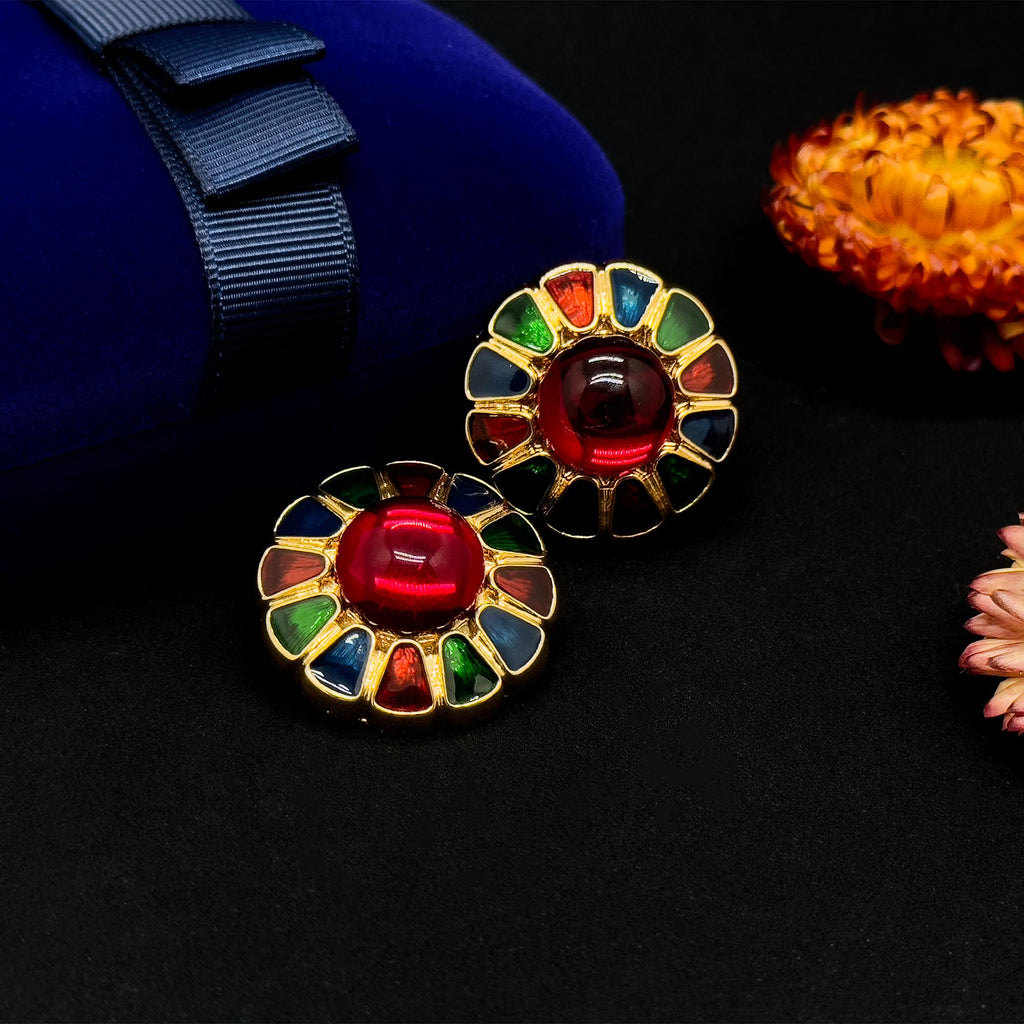 Vintage Cloisonné Enamel Glass Stud Earrings Palace Colourful Handmade