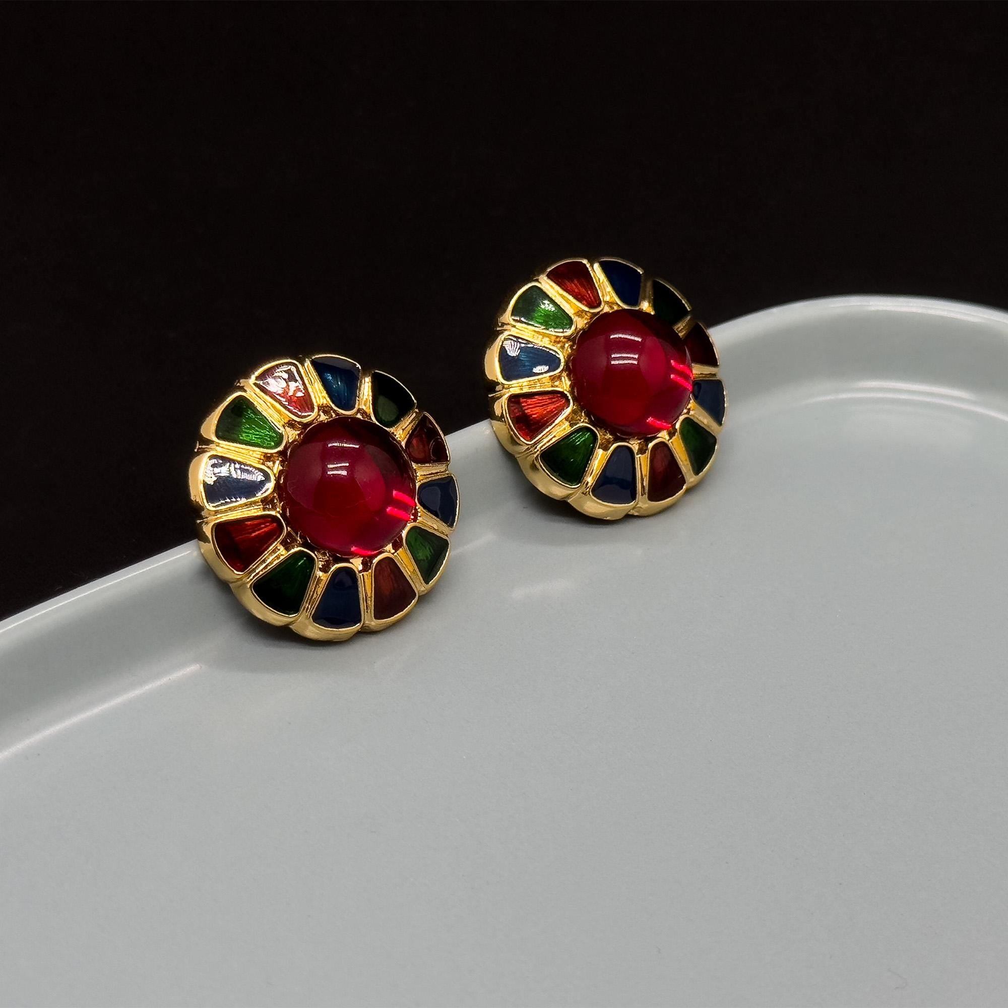 Vintage Cloisonné Enamel Glass Stud Earrings Palace Colourful Handmade