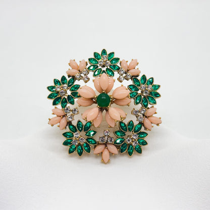 Art Deco 3D Flower Crystal Enamel Brooch 18K Gold-Plated Copper