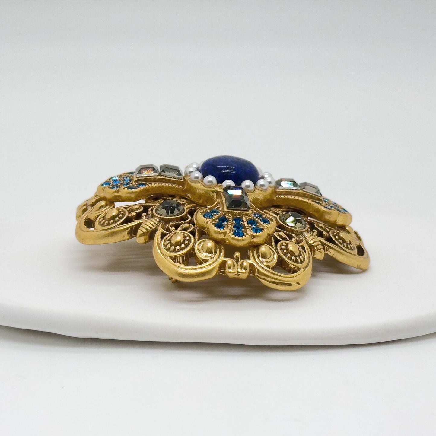 Vintage Art Deco Lapis Lazuli Gold-Plated Copper Brooch 68mm