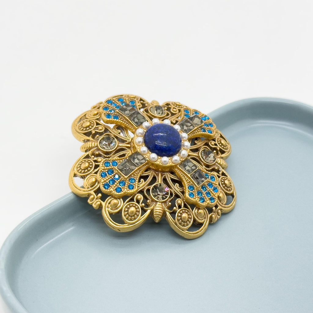Vintage Art Deco Lapis Lazuli Gold-Plated Copper Brooch 68mm
