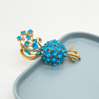 Vintage Art Deco Crystal Bouquet Brooch, 18K Gold-Plated Blue