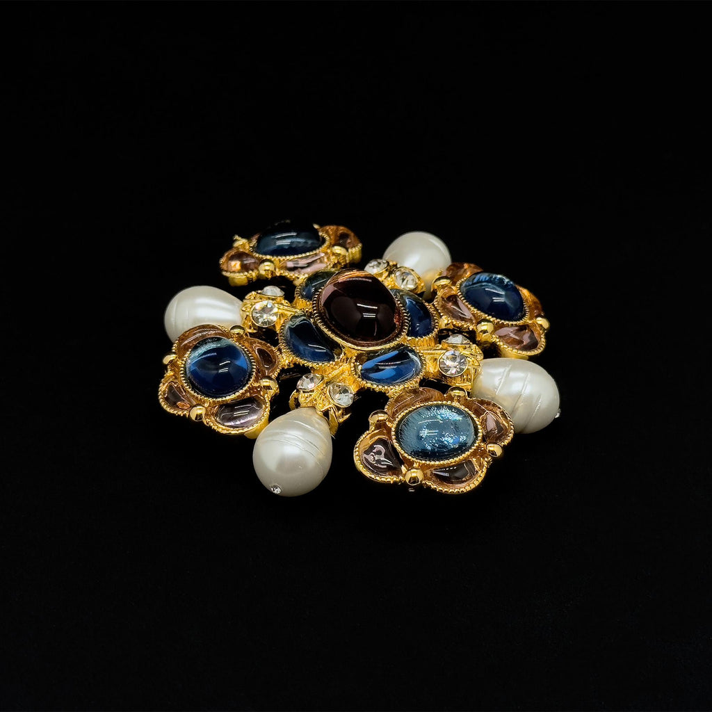 Handcrafted Vintage Art Deco Brooch featuring Lapis Lazuli, Crystal and Pearl