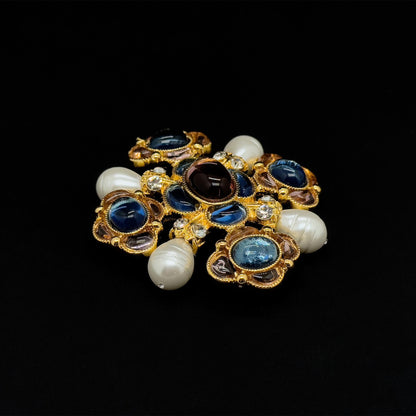 Handcrafted Vintage Art Deco Brooch featuring Lapis Lazuli, Crystal and Pearl