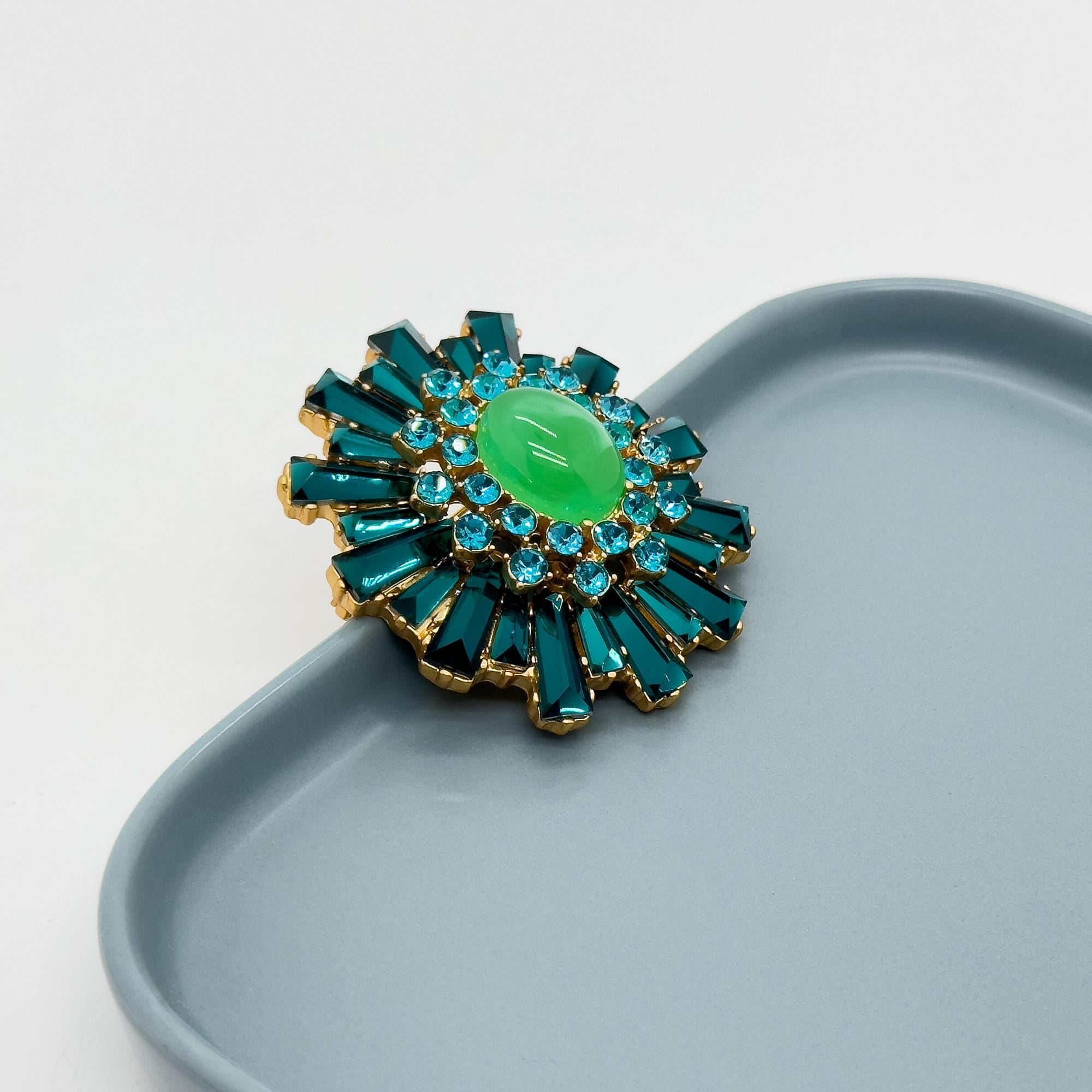 Vintage Art Deco Zircon Brooch 18K Gold-Plated Green Crystal Pin