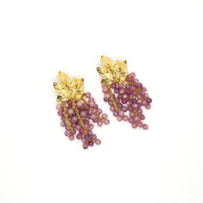 Vintage Art Deco 3D Grape Earrings Purple Beaded Copper Gold-Plated