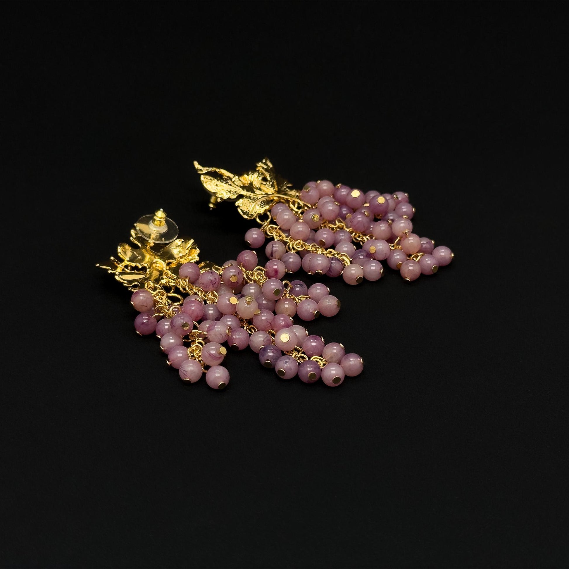 Vintage Art Deco 3D Grape Earrings Purple Beaded Copper Gold-Plated
