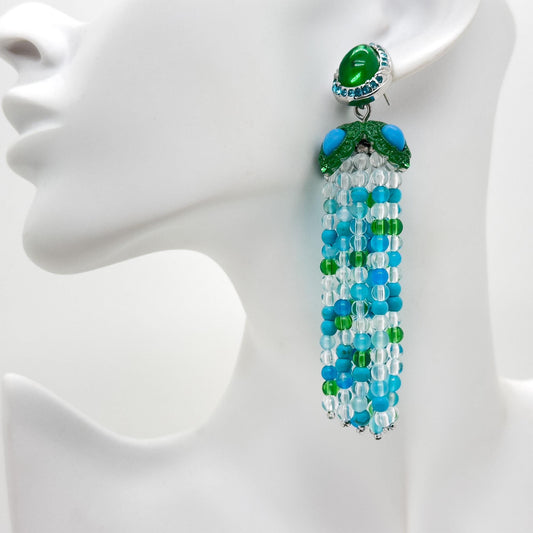 Art Deco Turquoise Boho Beaded Long Tassel Onyx Earrings
