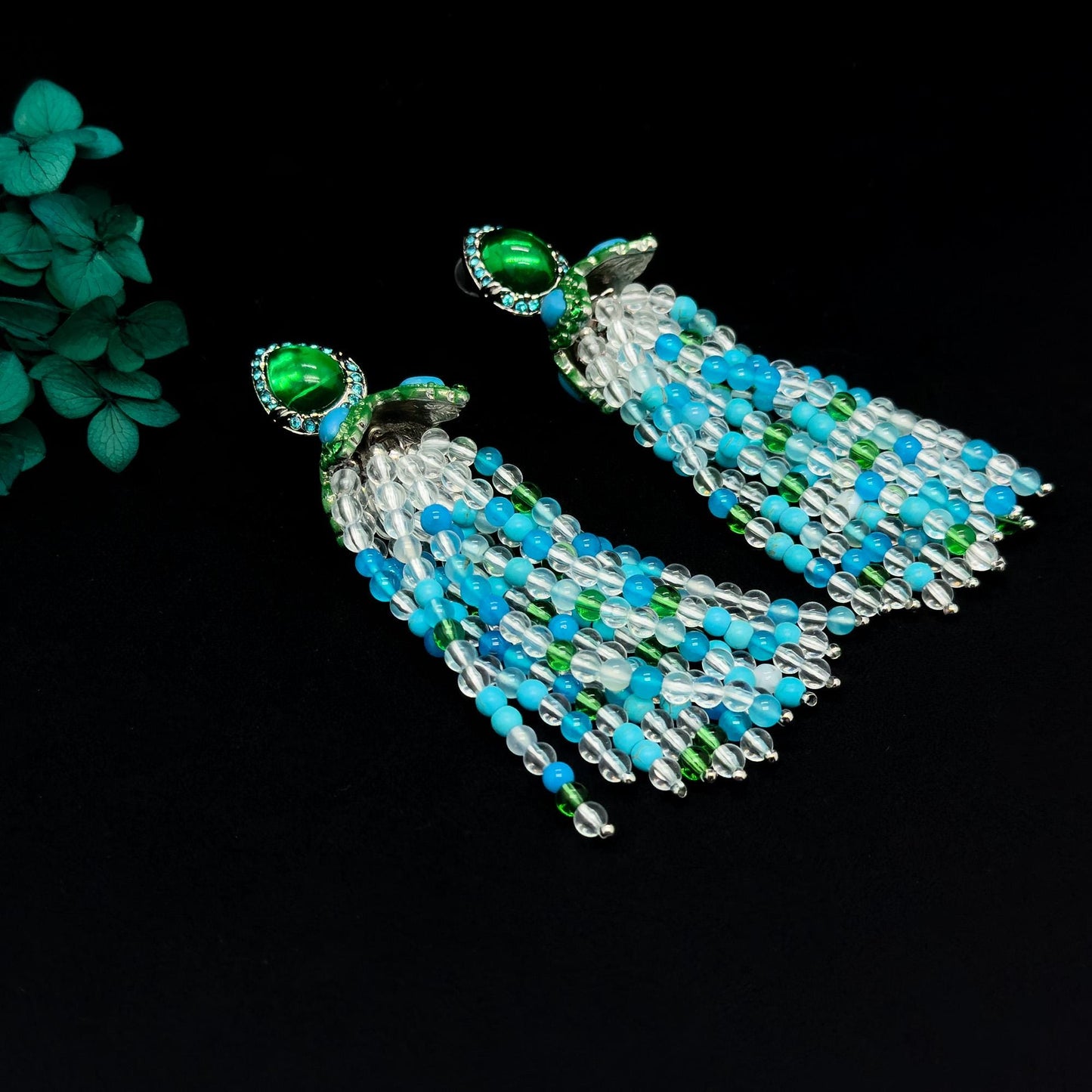 Art Deco Turquoise Boho Beaded Long Tassel Onyx Earrings